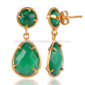 Beautiful Green Onyx Smooth Bezel Round & Pear Shape 18K Gold Plated Brass Drop Earring